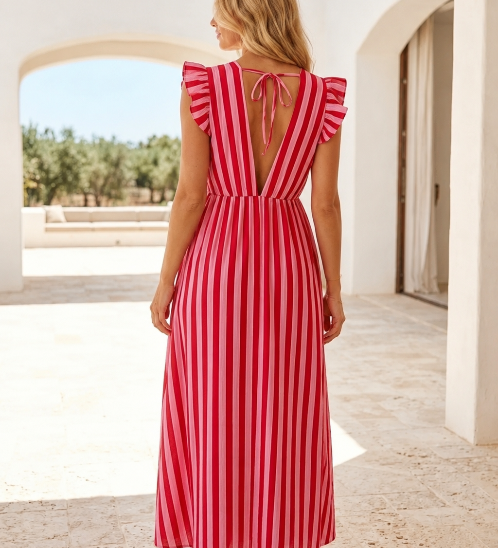 MAXI MUSSELINKLEID „STRAWBERRY STRIPE“
