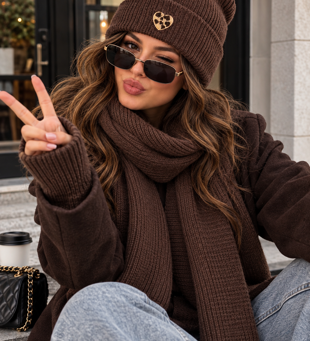 BEANIE UND SCHAL SET MIT LEOHERZCHEN