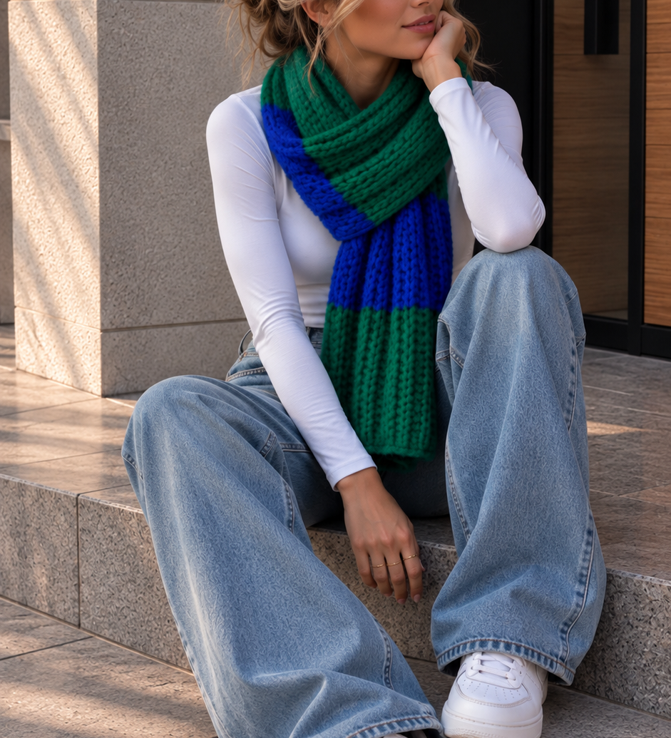 DICKER STRICKSCHAL MIT BLOCKSTREIFEN