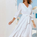 LANGES BAUMWOLLEKLEID MIT GÜRTEL UND 3/4 ÄRMEL