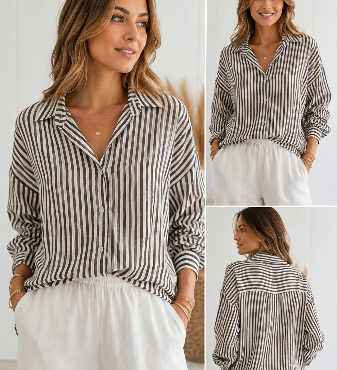 KURZE GESTREIFTE MUSSELINBLUSE IN SCHOKO/WEISS 🤎