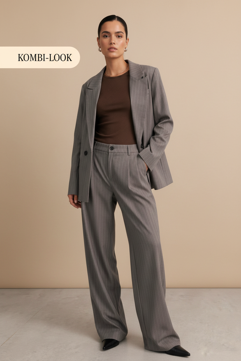 Anzughose mit Nadelstreifen kombiniert mit geripptem Mesh-Longsleeve und Butterstoff Blazer Zoe