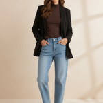 LENA Tapered Fit Jeans kombiniert mit Turtleneck Softy Longsleeve und Butterstoff Blazer Zoe