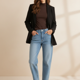 LENA Tapered Fit Jeans kombiniert mit Turtleneck Softy Longsleeve und Butterstoff Blazer Zoe