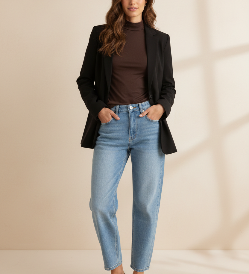 LENA Tapered Fit Jeans kombiniert mit Turtleneck Softy Longsleeve und Butterstoff Blazer Zoe